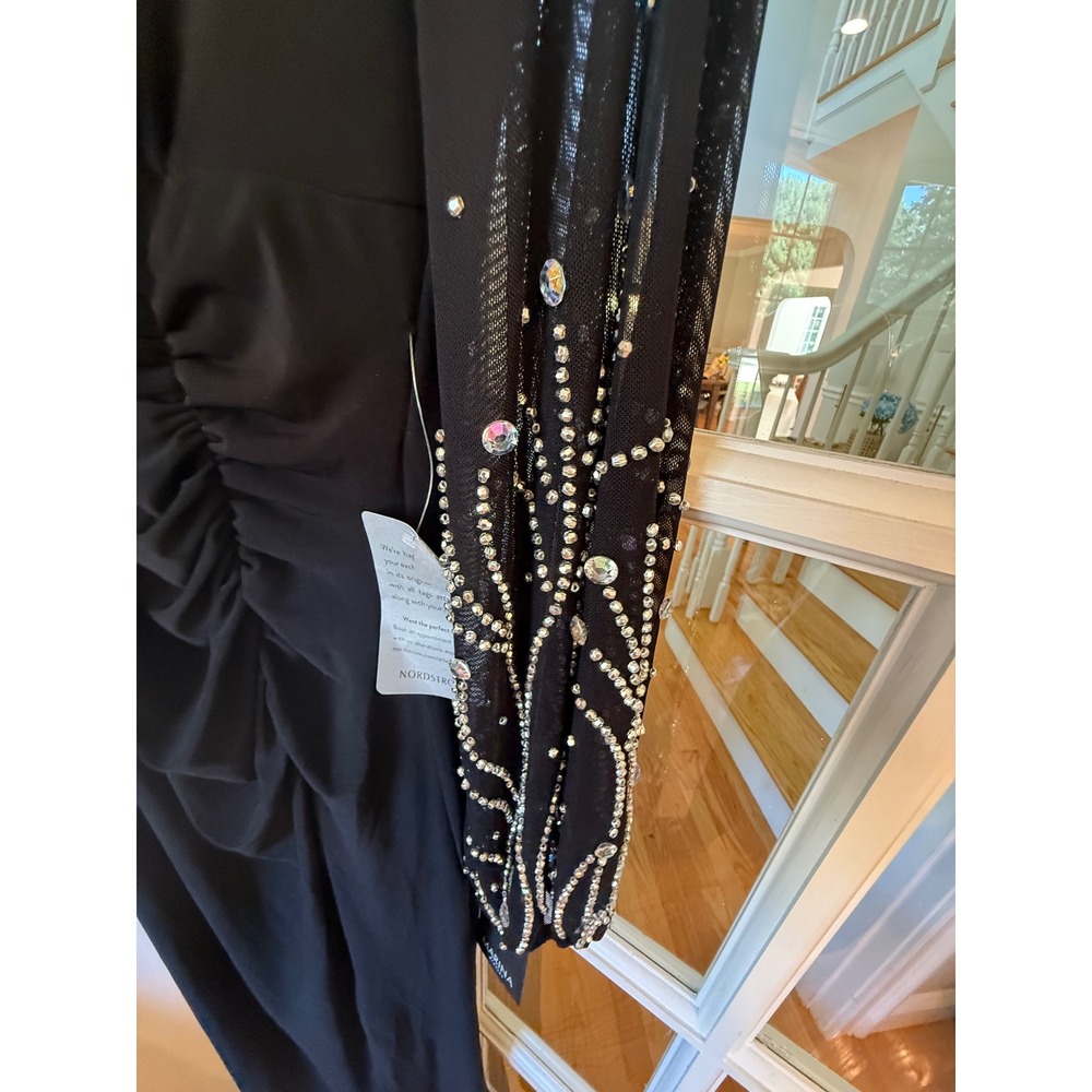 Marina Black Embellished Sheer Sleeve V-Neck Gown Slit Formal Dress Size S - Picture 8 of 10
